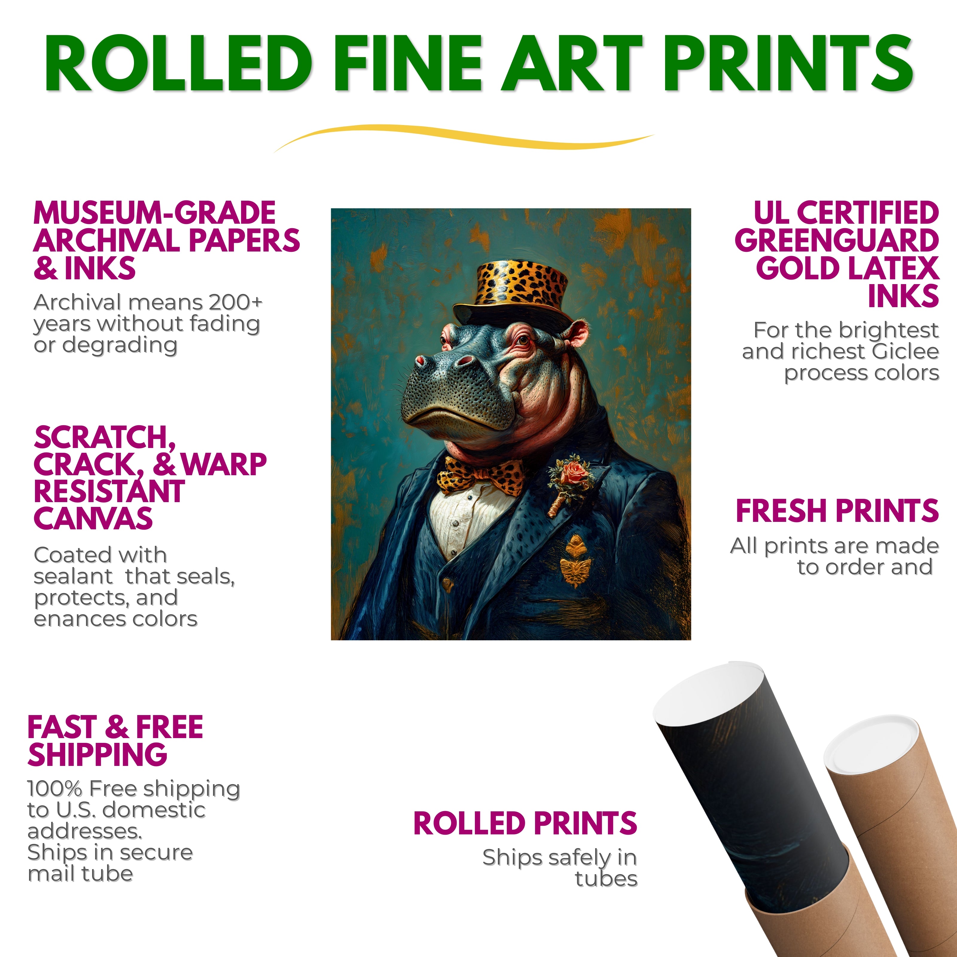 Advertisement for rolled fine art prints with a detailed hippo in formal attire on a white background.