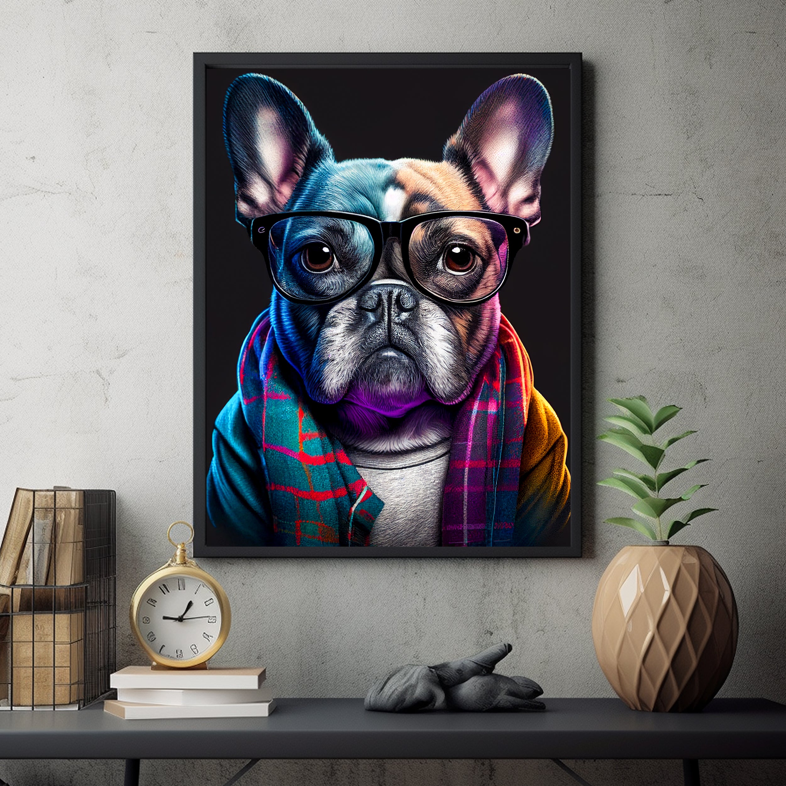 Chic French Bulldog Canvas Print - Hipster Dog with Glasses and Scarf Wall Art