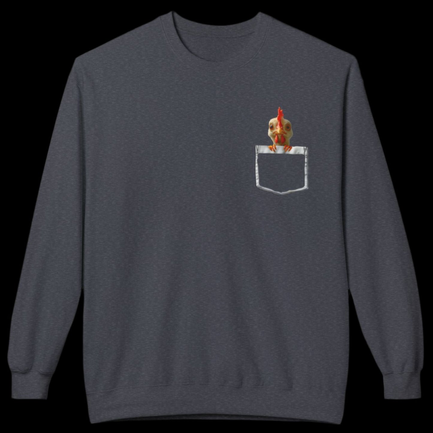 a dark gray sweatshirt has a printed front pocket with an orange young chicken sticking its head and front claws out of the pocket. Pocket Pals! Only from The Curated Goose