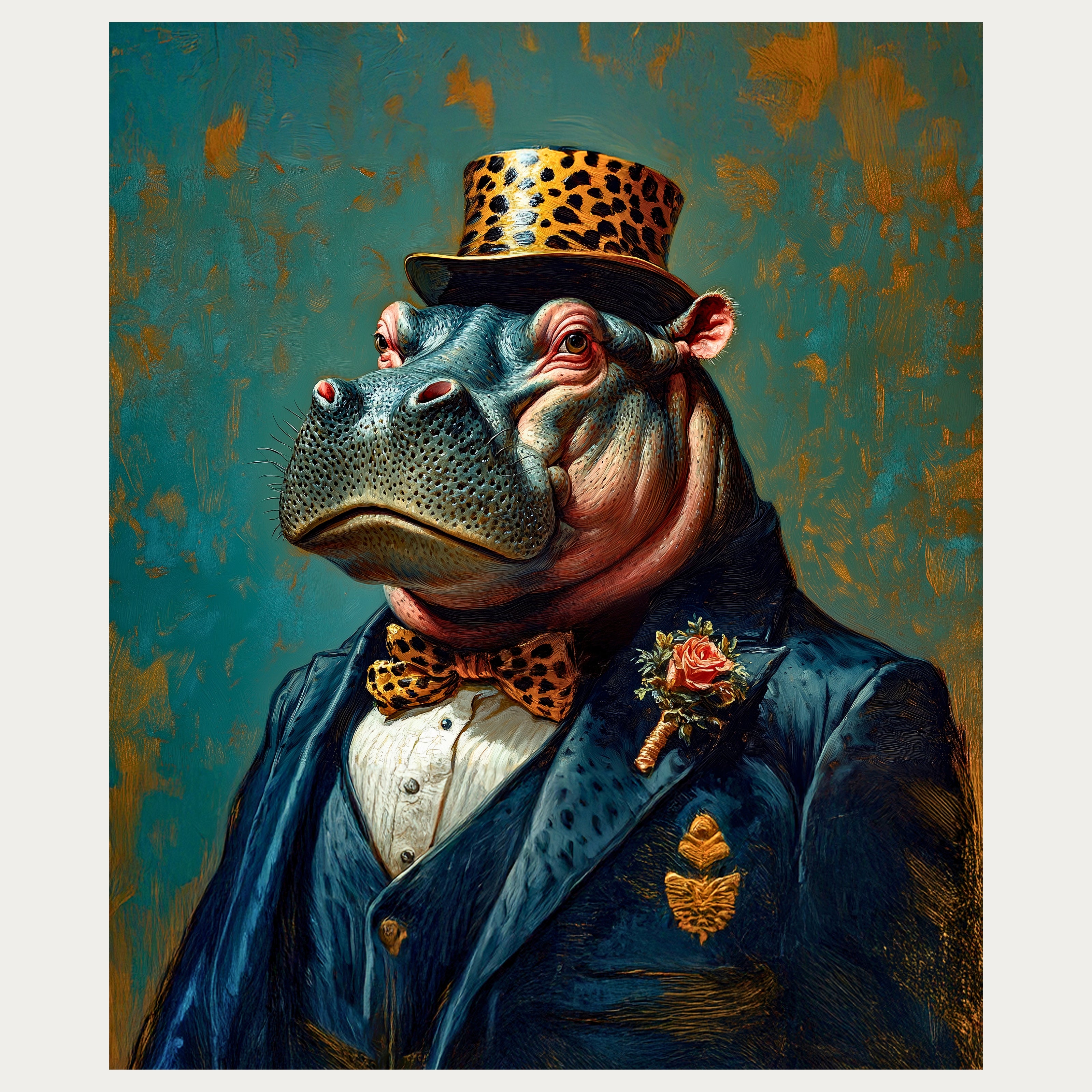 Hippopotamus wearing a formal outfit with a top hat and bow tie against a textured blue and gold background