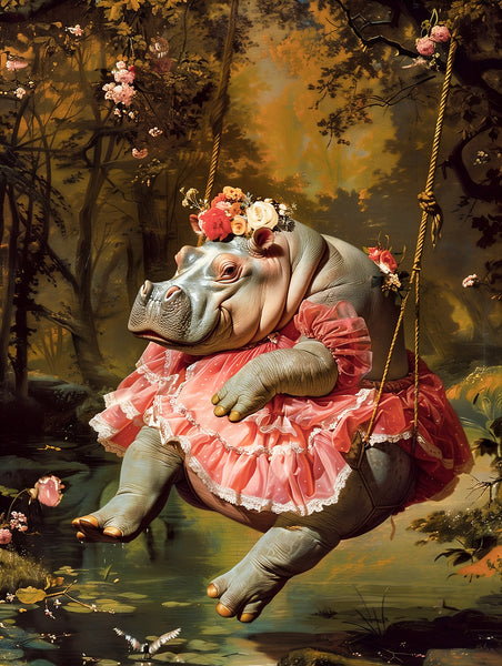 Lady Hippo on Swing Canvas Art Print | Rococo Style Art Stretched Canvas Print
