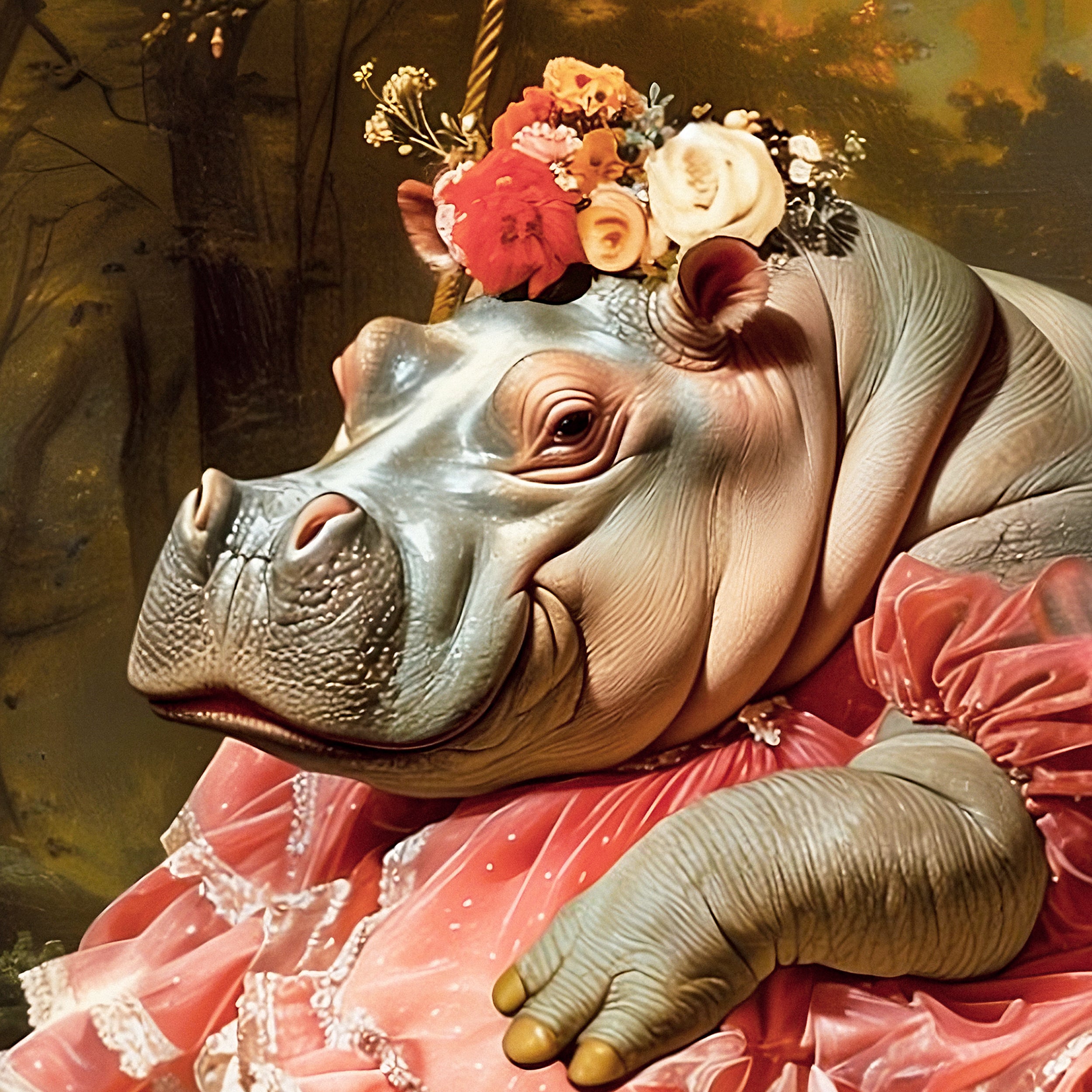 Lady Hippo on Swing Canvas Art Print | Rococo Style Art Stretched Canvas Print