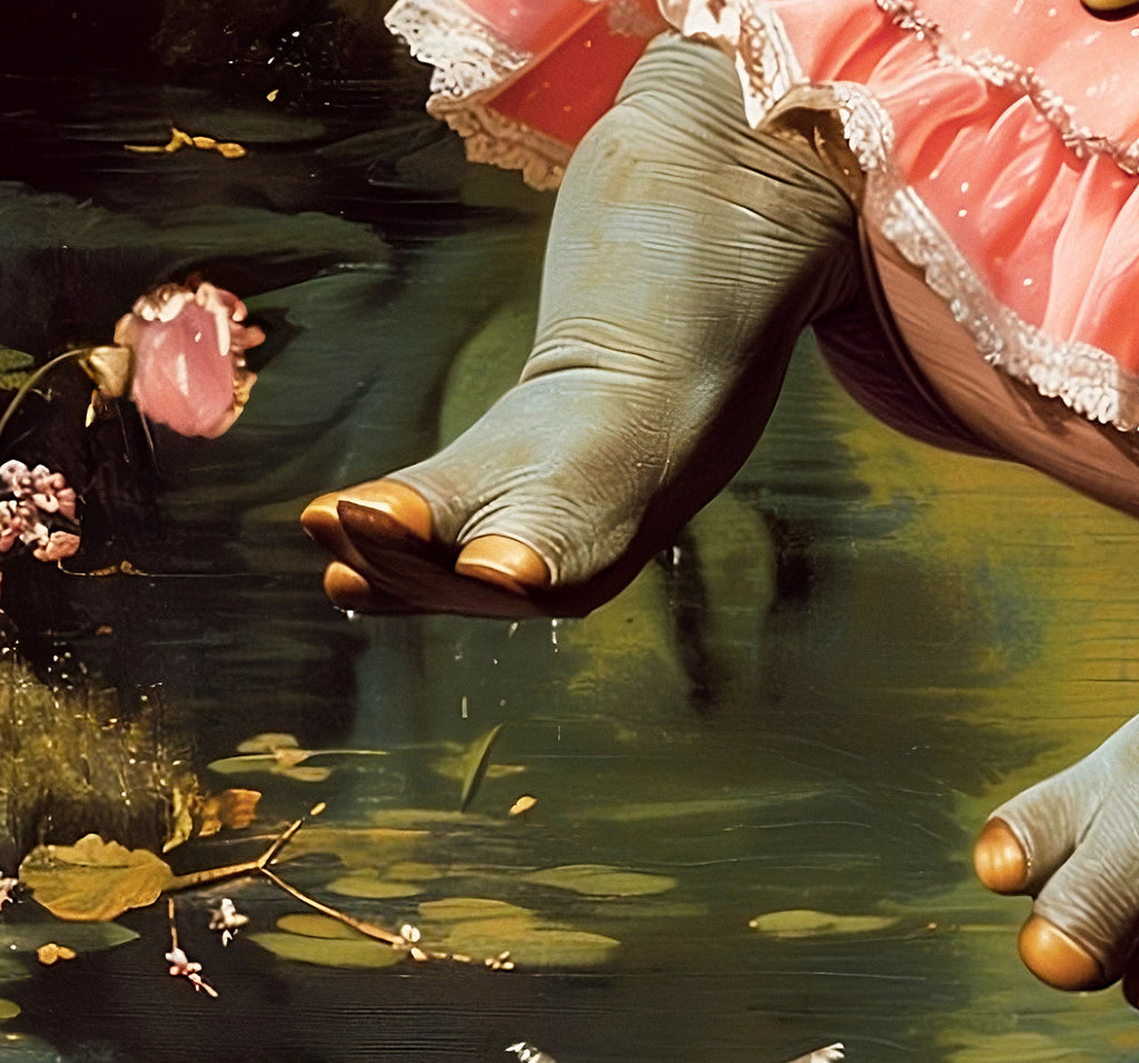 Lady Hippo on Swing Canvas Art Print | Rococo Style Art Stretched Canvas Print