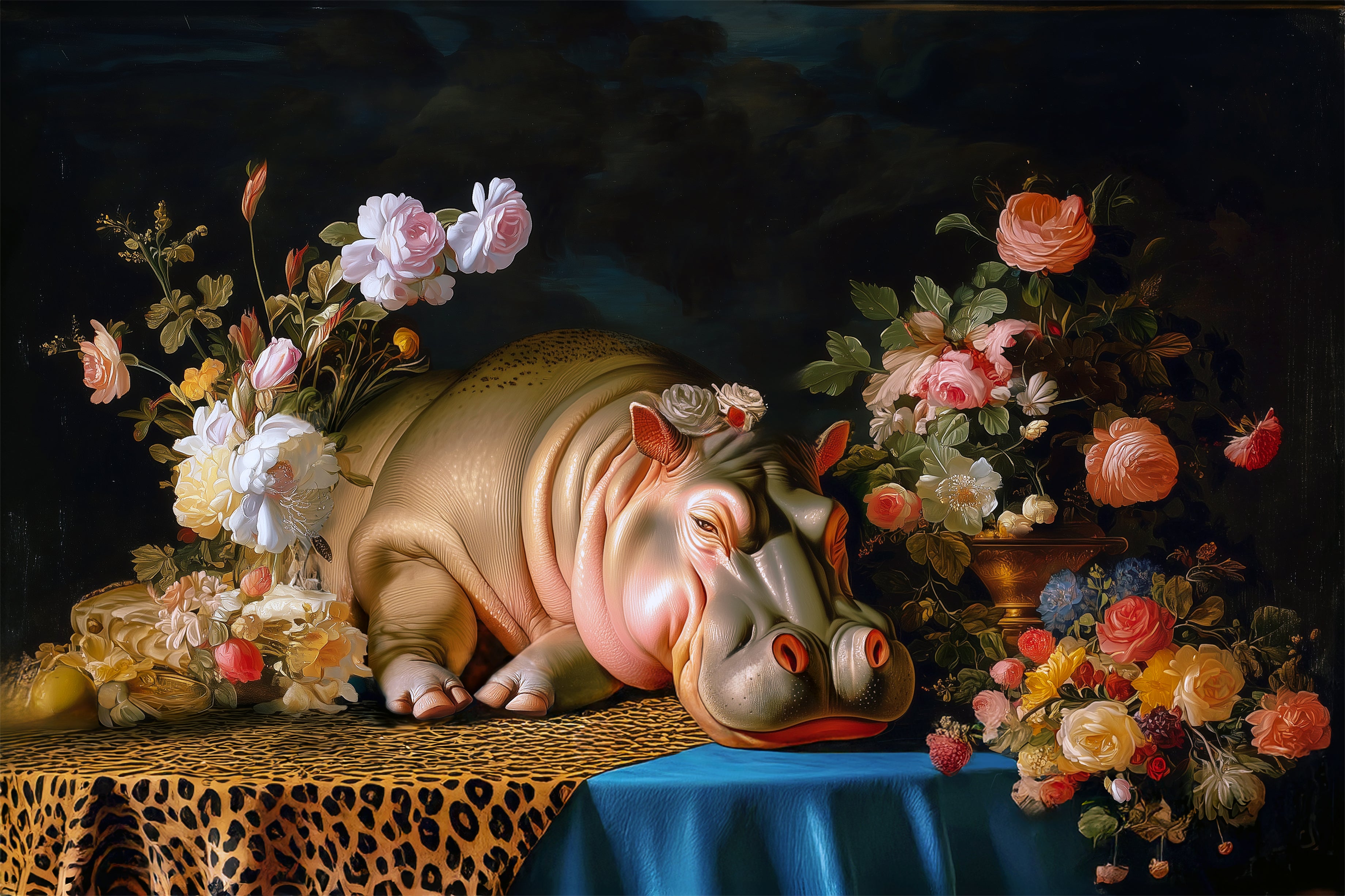 Whimsical Hippo Canvas Art, Tranquil Home Decor Fine Art Print, Animal Wall Art, Unique Gift, Floral Decor, Cheetah Print