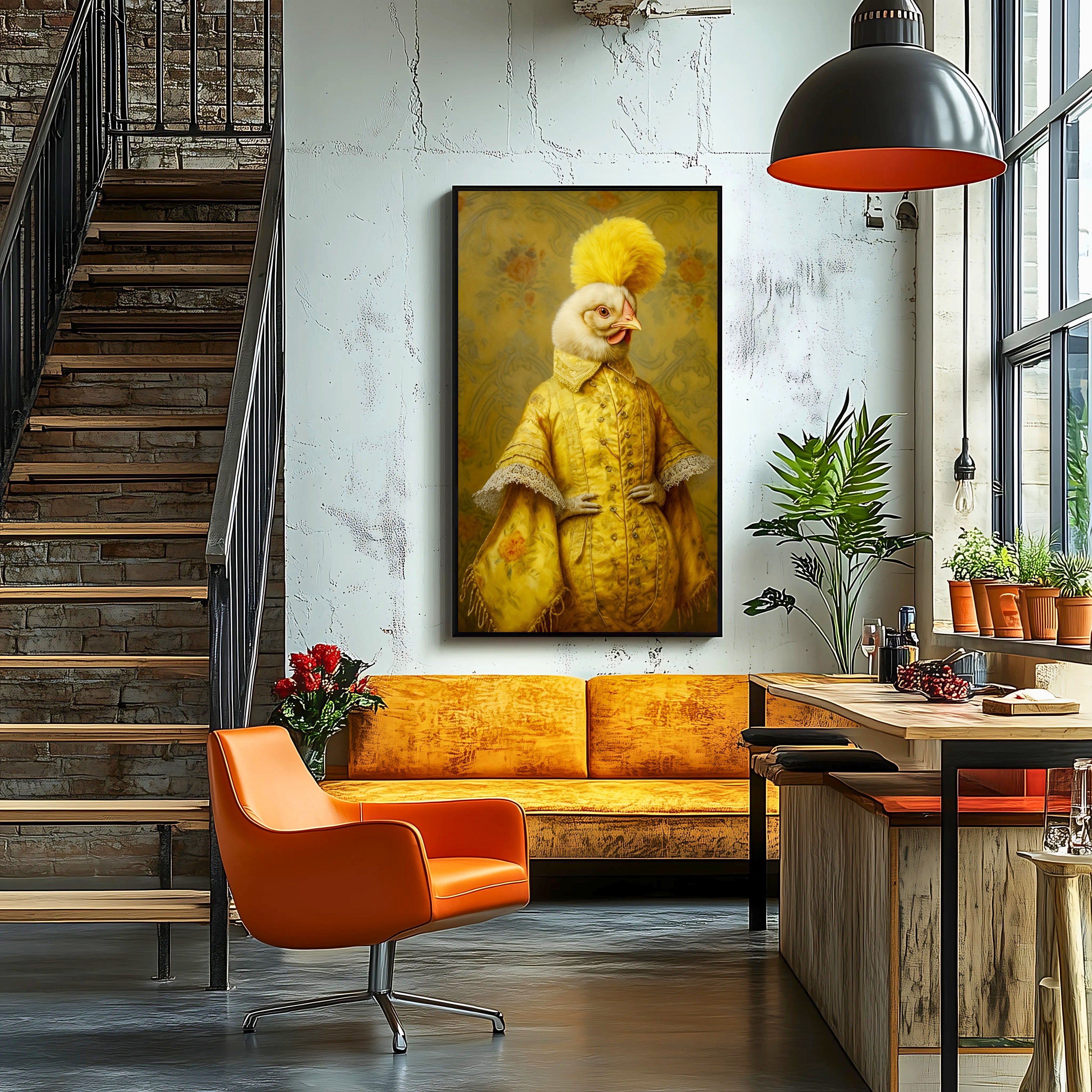 Modern interior with a yellow sofa, orange chair, and decorative painting on the wall.