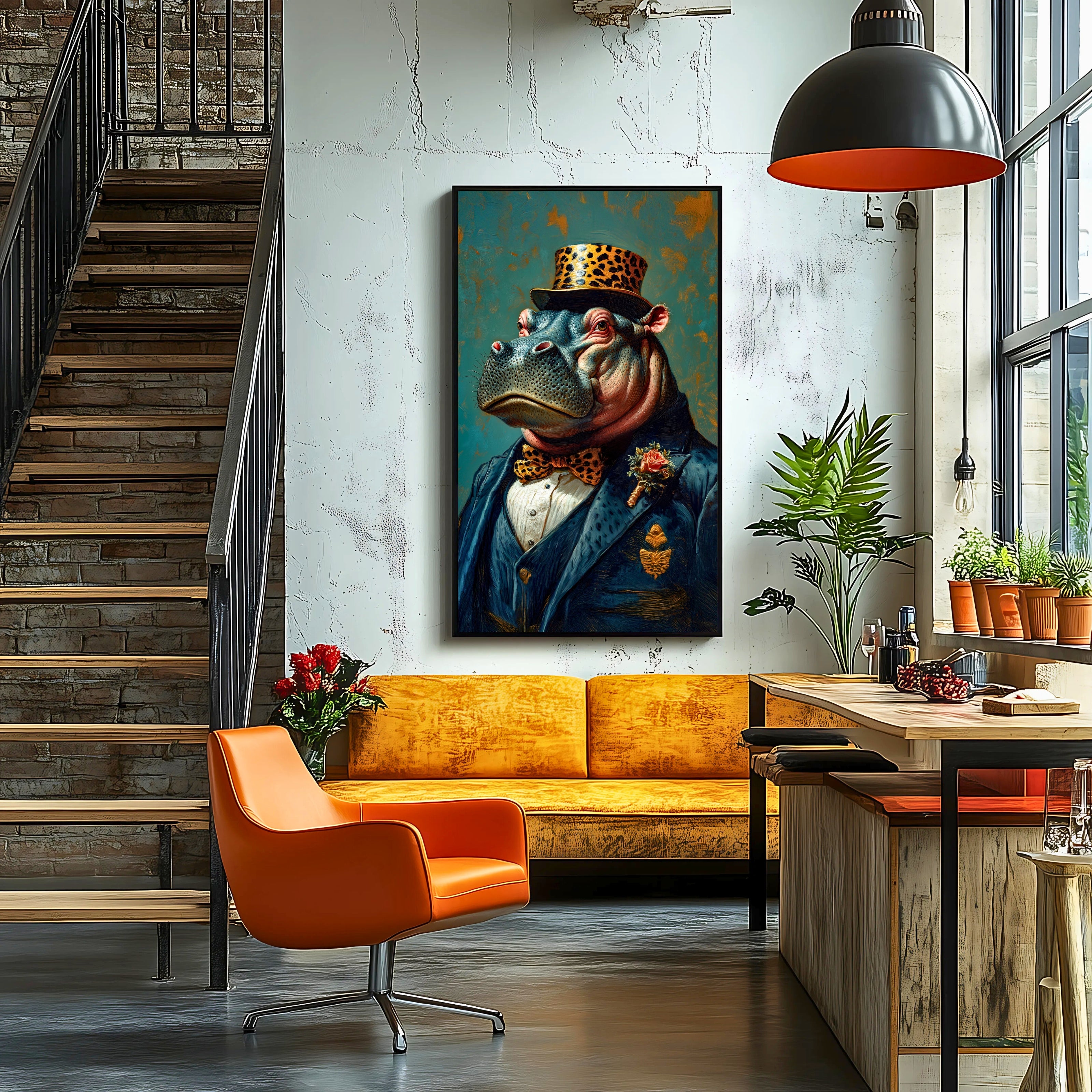 Modern interior with a yellow sofa, orange chair, and decorative wall art of a portrait of a Victorian hippo.
