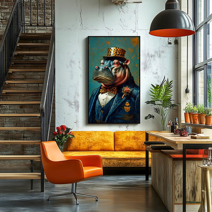 Dapper Hippo Canvas Art Print | Giclée Portrait of Hippo in Bow Tie & Top Hat | Whimsical Decor