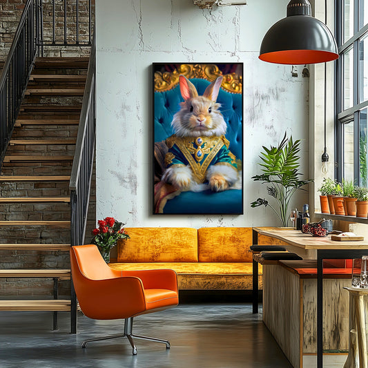 Modern living room with a decorative painting of a rabbit, orange chair, and yellow sofa.