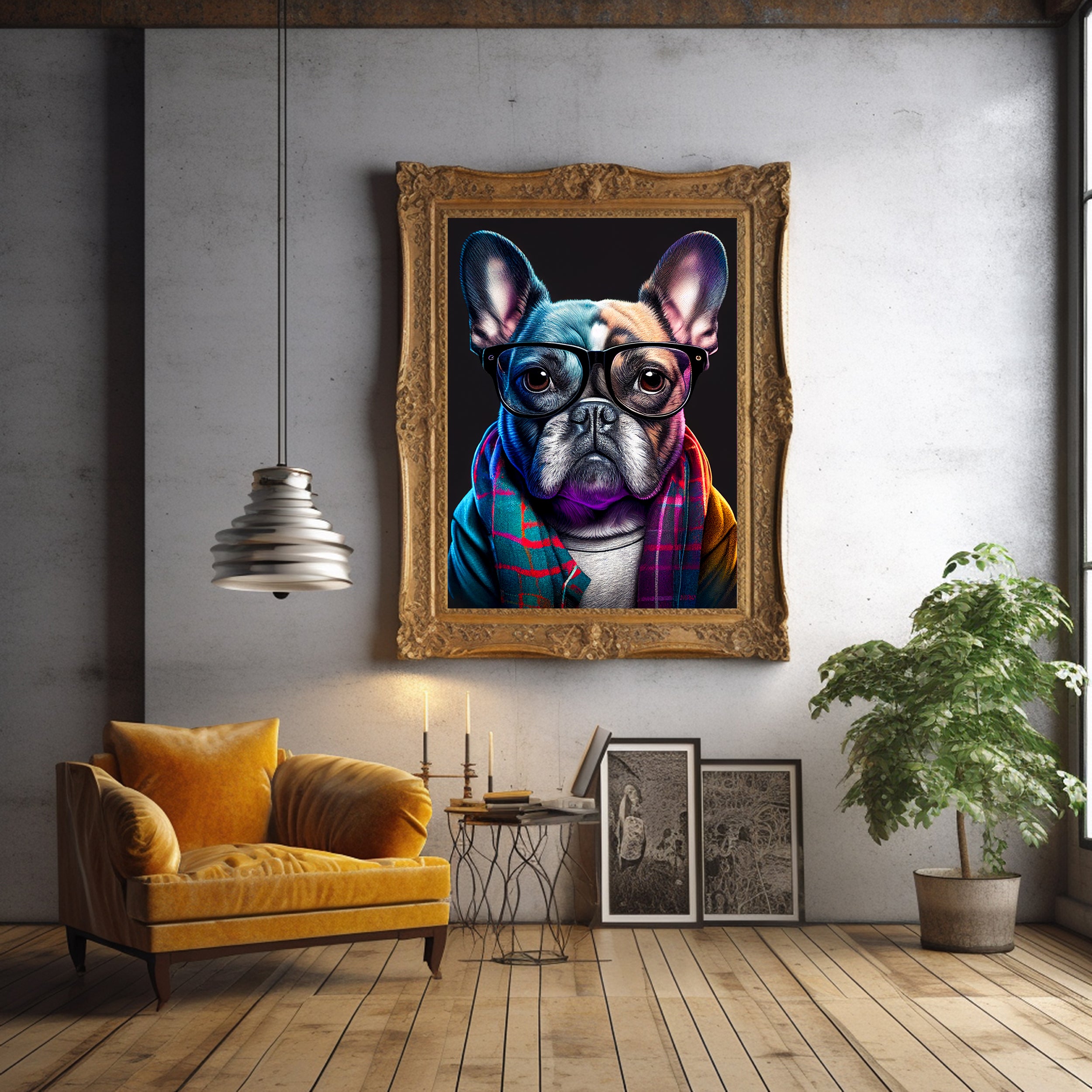 Chic French Bulldog Canvas Print - Hipster Dog with Glasses and Scarf Wall Art from The Curated Goose