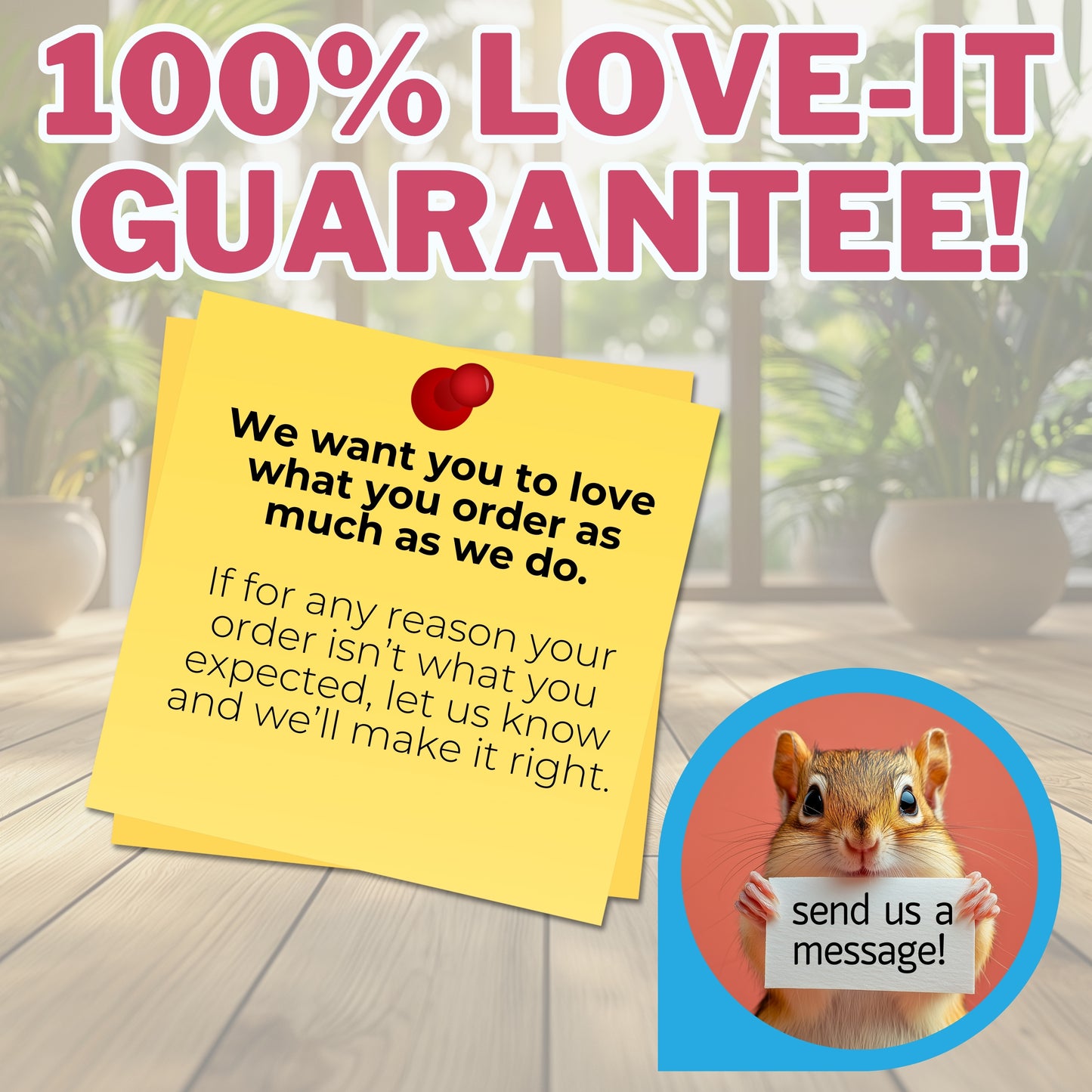 Promotional image with a yellow sticky note and a squirrel holding a sign, set against a blurred indoor background.