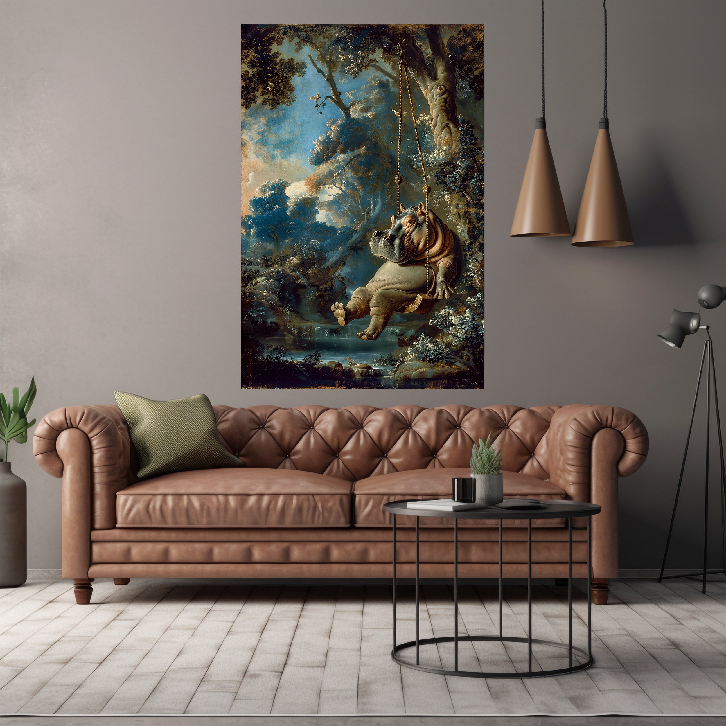 Rococo Hippo on Swing Canvas Art Print - Giclee Masterpiece, Large Whimsical Wall Decor