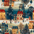 Illustration of a snowy village scene with houses, trees, and people.