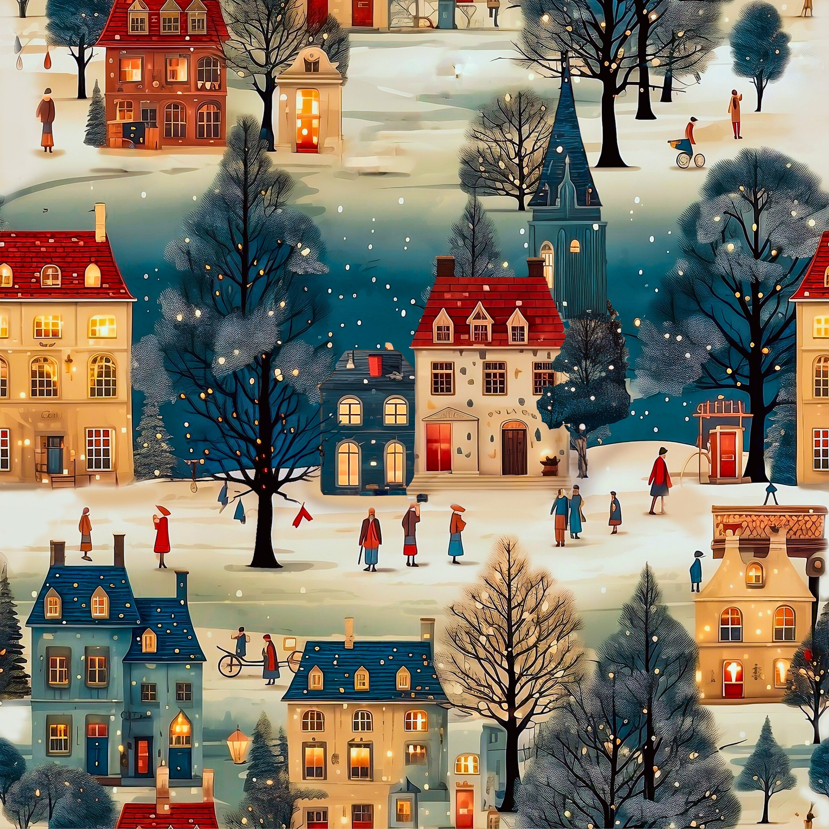 Illustration of a snowy village scene with houses, trees, and people.