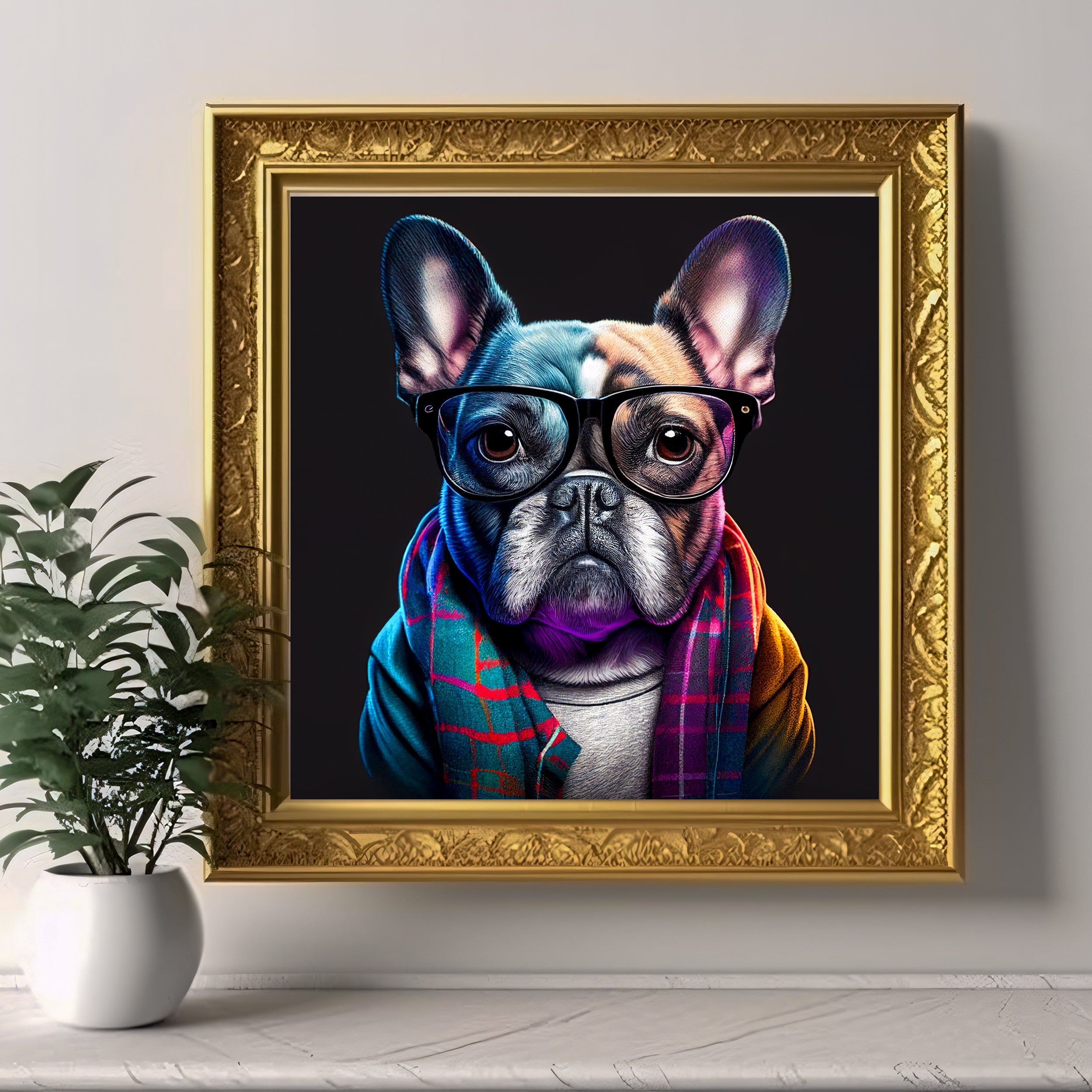 Chic French Bulldog Canvas Print - Hipster Dog with Glasses and Scarf Wall Art from The Curated Goose