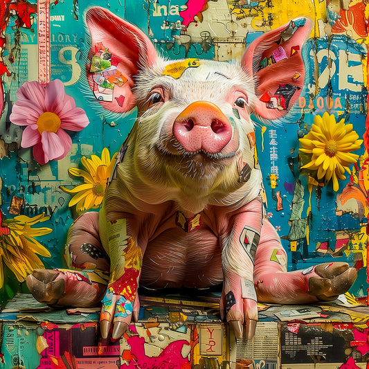 a colorful portrait of a pig, maximalist style