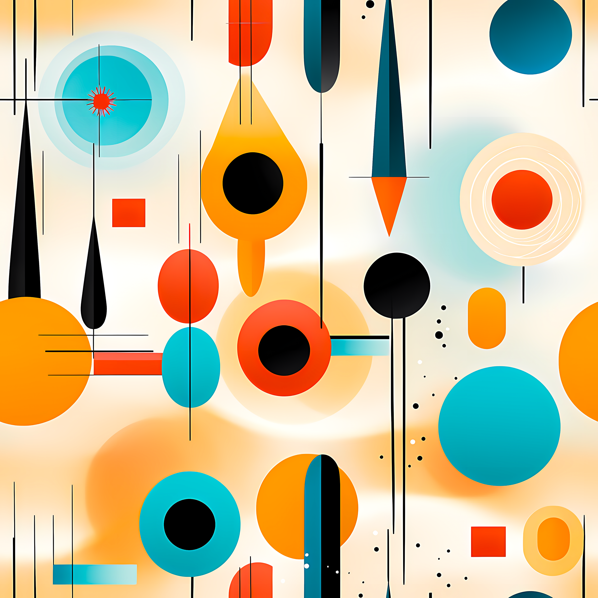 Abstract 1960s design style wrapping paper with geometric shapes in vibrant colors on a light background.