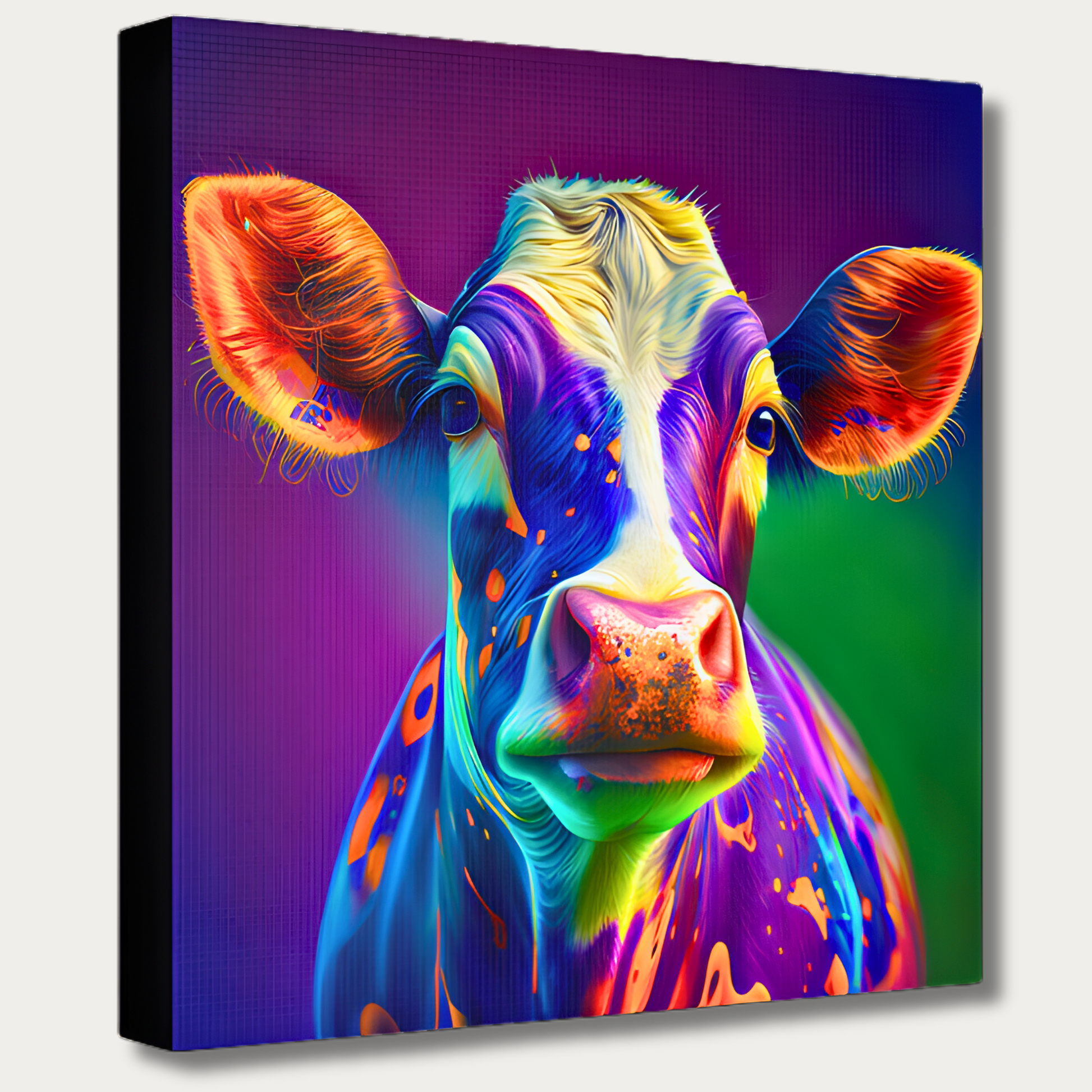 Colorful abstract cow painting on a purple background