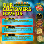 Promotional graphic with customer reviews and badges on a colorful background