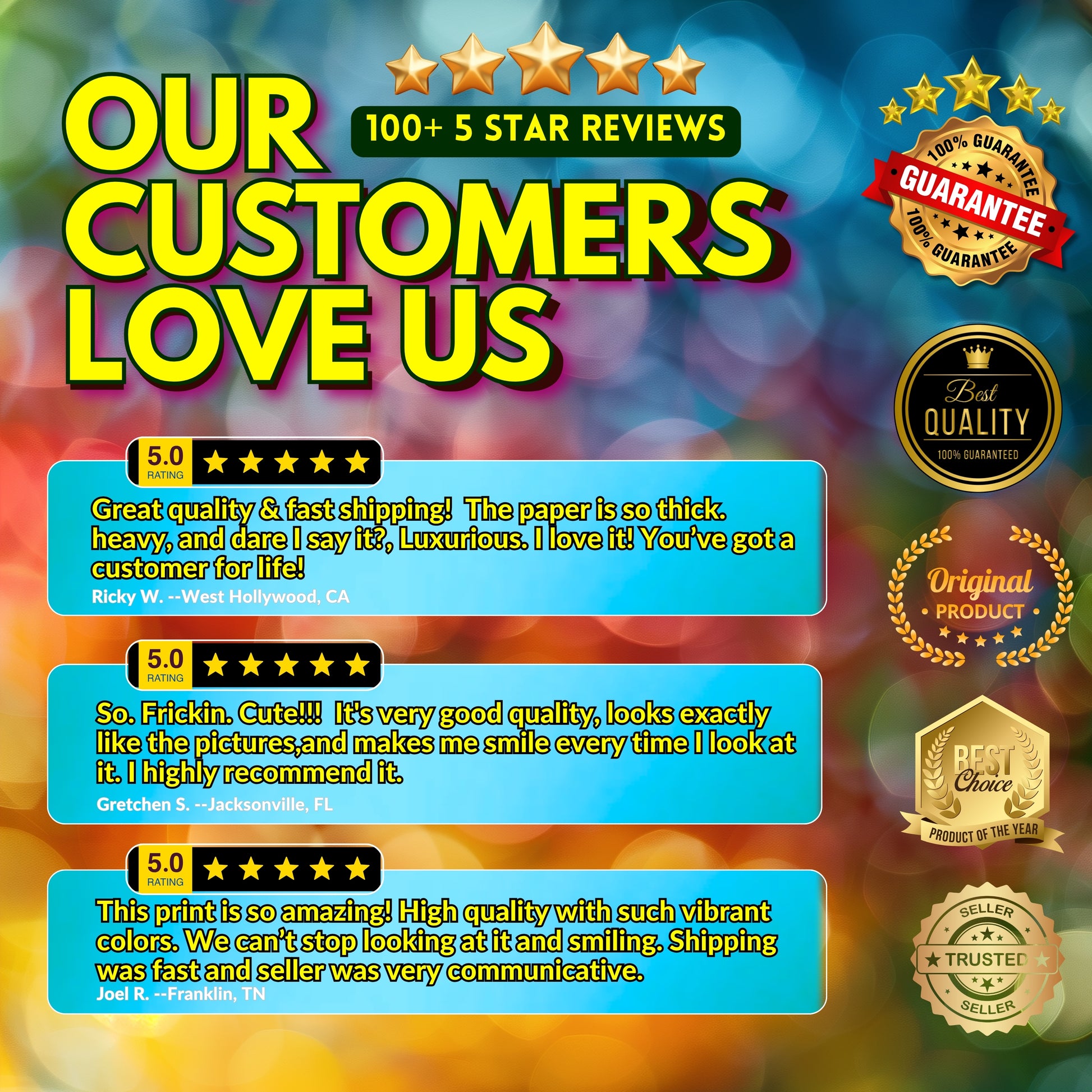 Promotional graphic with customer reviews and badges on a colorful background