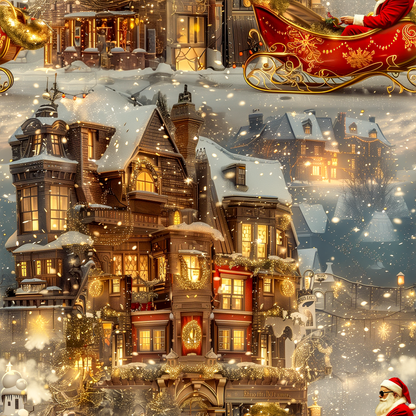 Victorian Mansion Holiday Wrapping Paper – Luxurious and Festive with Santa’s Sleigh Shining Bright