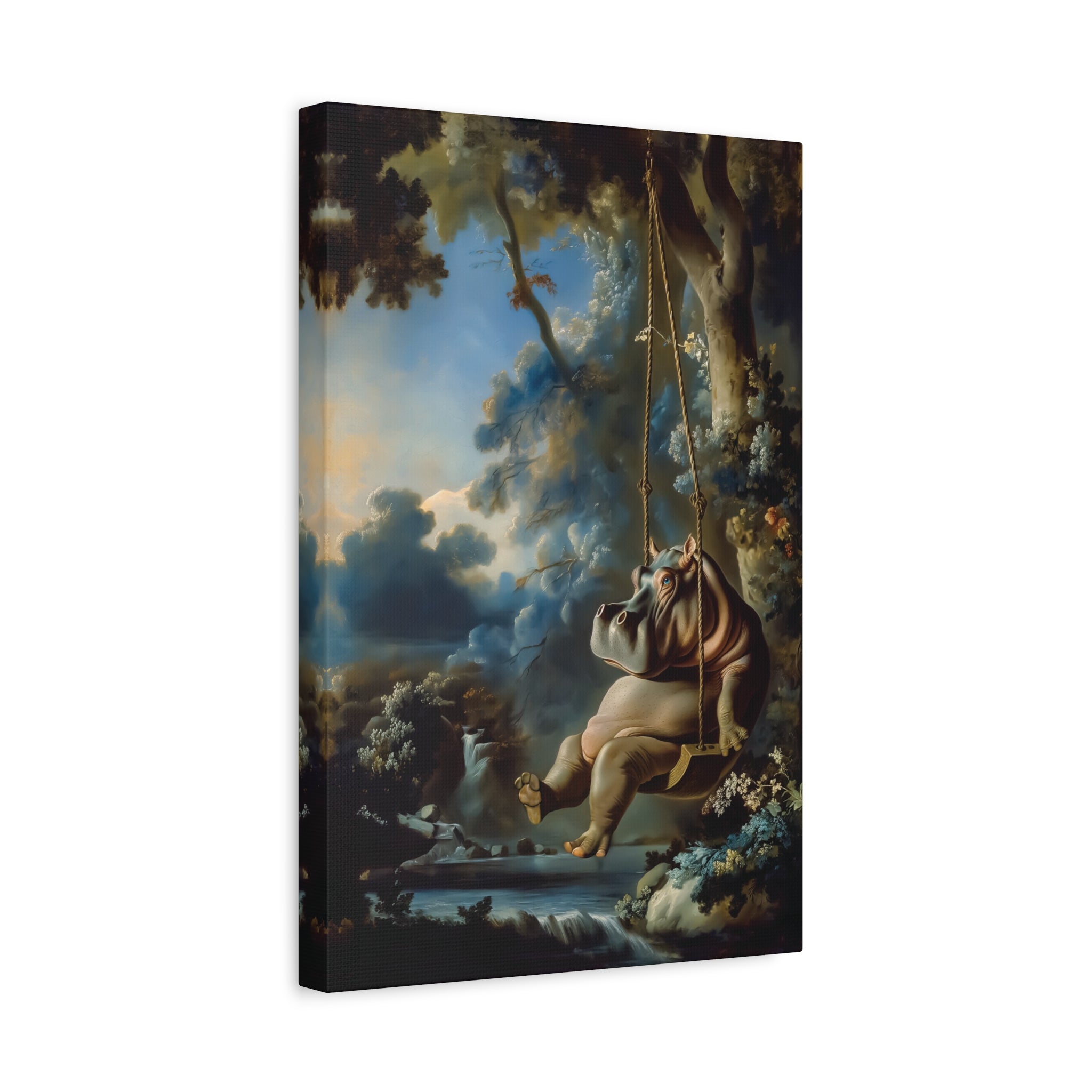 Hippo on Swing Canvas Art Print