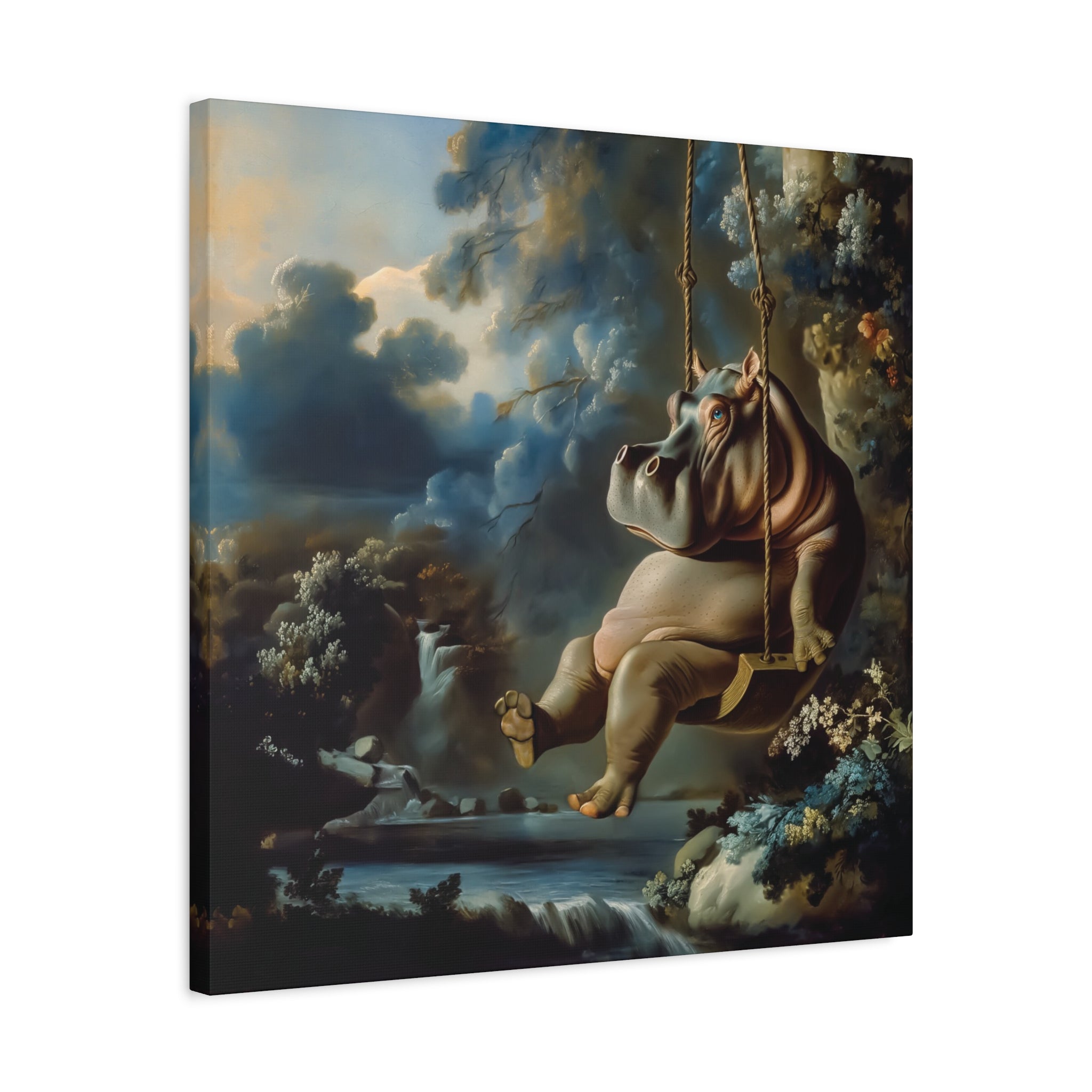 Hippo on Swing Canvas Art Print