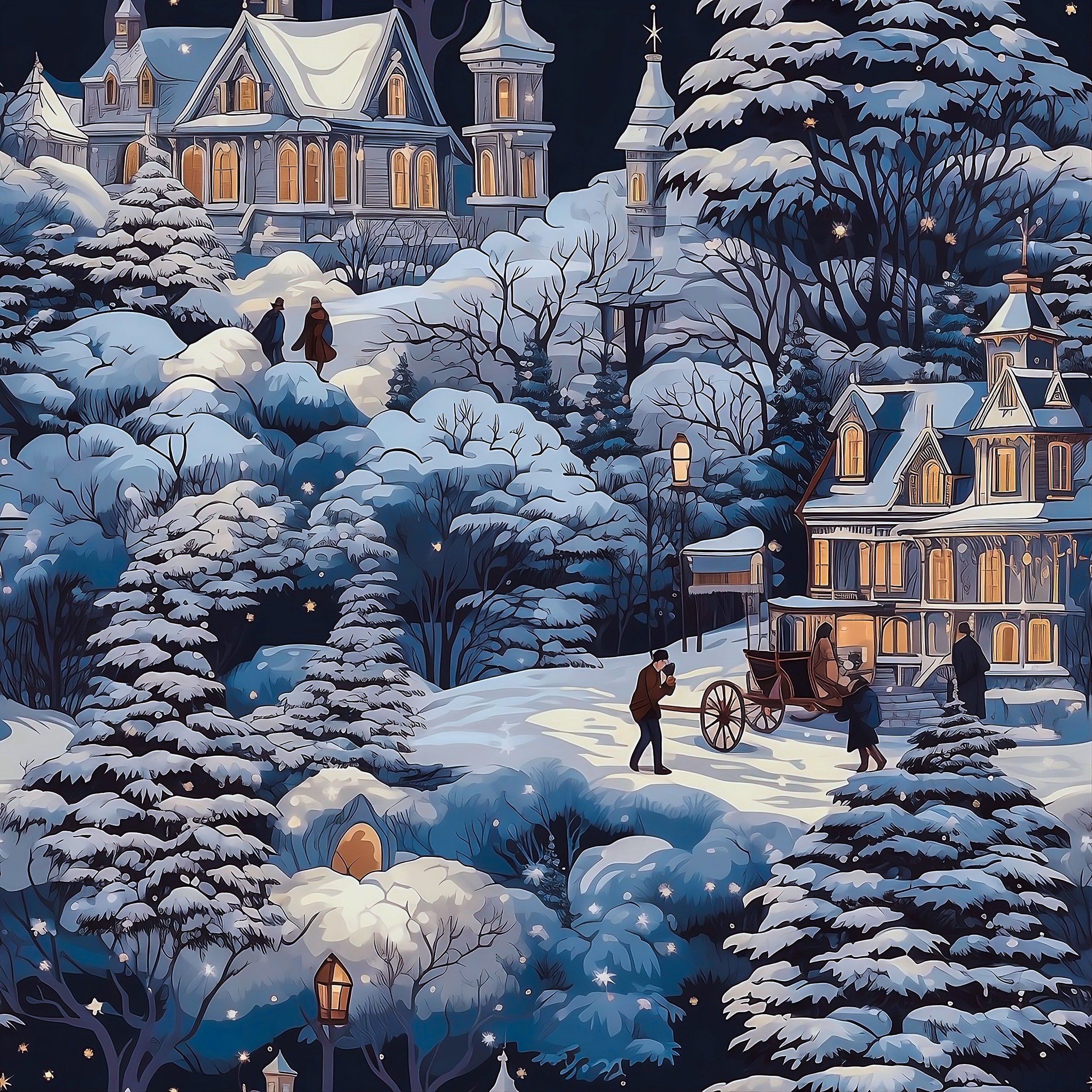 Blue Christmas Snowy Winter Village Wrapping Paper