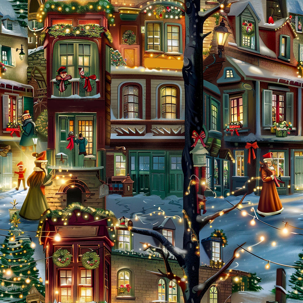 A roll of wrapping paper featuring a Victorian Christmas village scene with colorful buildings, people, and holiday decorations.