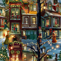 A roll of wrapping paper featuring a Victorian Christmas village scene with colorful buildings, people, and holiday decorations.