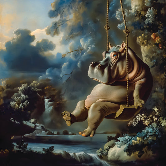A hippo rides on a swing over a babbling creek