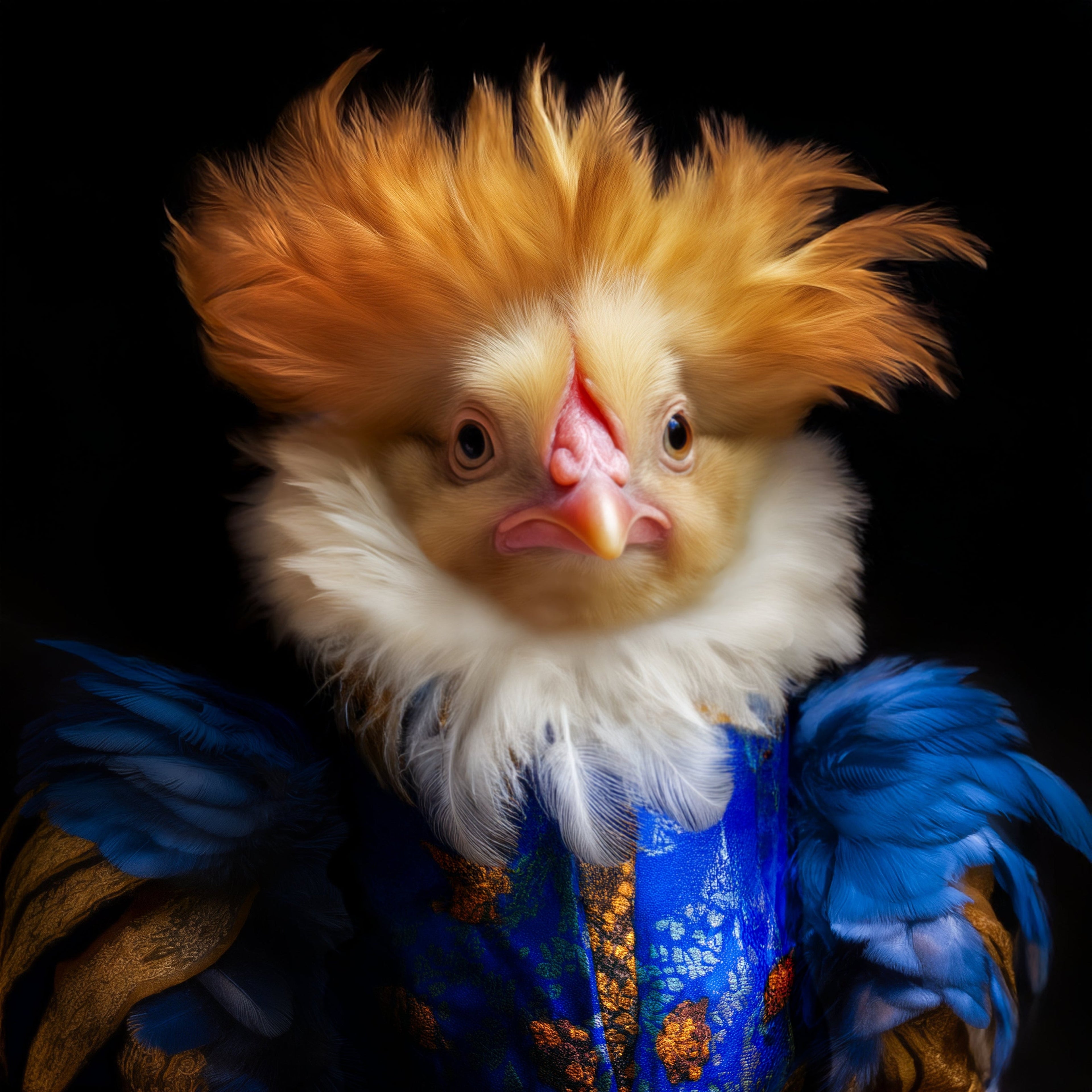 A portrait of a Victorian Royal chicken in feathery attire. 