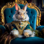 Rabbit in ornate costume sitting on a blue throne with gold accents