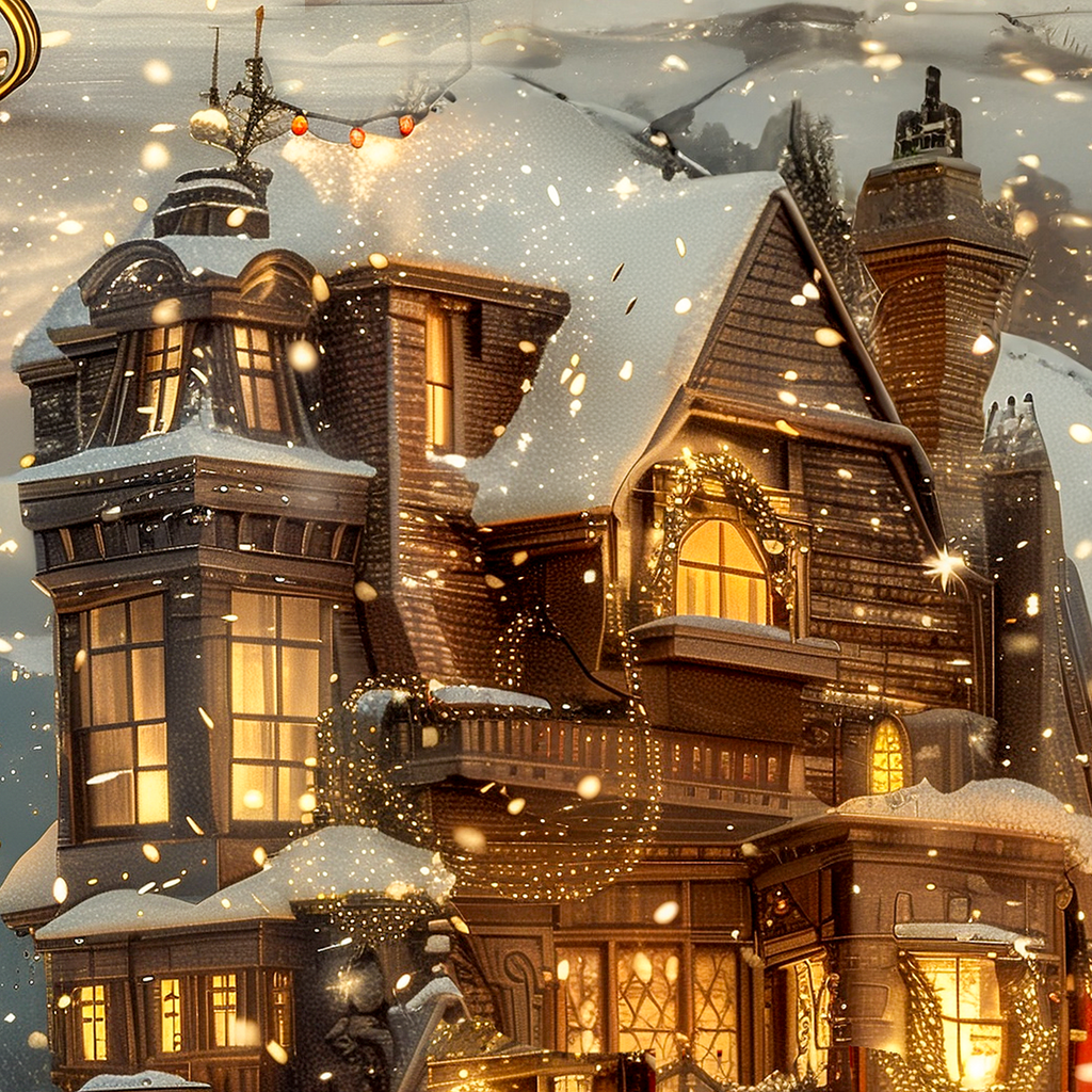 Victorian Mansion Holiday Wrapping Paper – Luxurious and Festive with Santa’s Sleigh Shining Bright