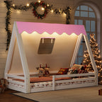 Twin Size House Floor Bed with Tent and Light, Solid Wood Teepee Floor Bed with Full-length Guardrails, Montessori and Childlike Design, White+Pink