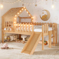 Twin Size House Loft Bed with Slide,Playhouse Bed with Star-shaped Designs and Window, Chic Design with LED Lights,No Box Spring Needed,Natural