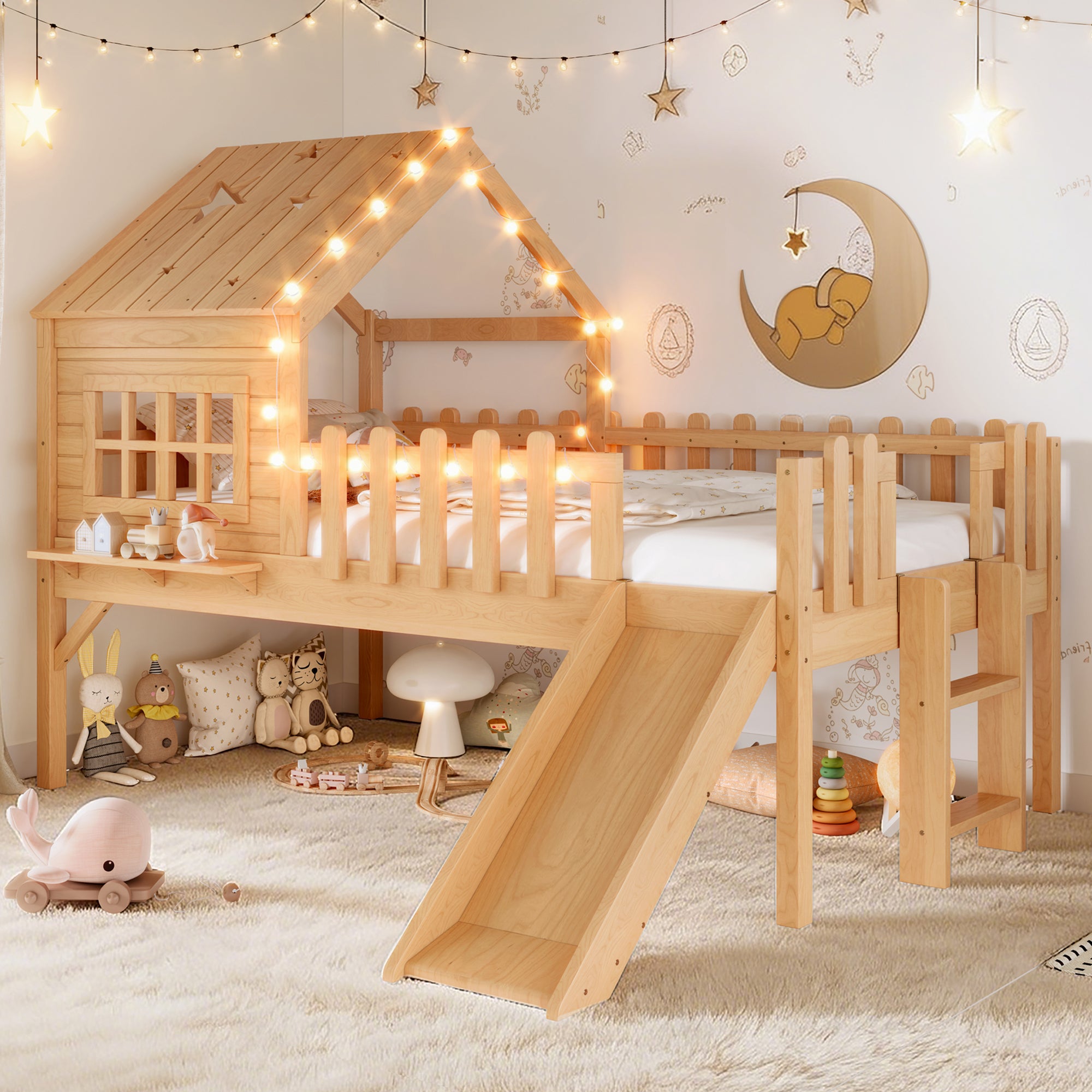 Twin Size House Loft Bed with Slide,Playhouse Bed with Star-shaped Designs and Window, Chic Design with LED Lights,No Box Spring Needed,Natural
