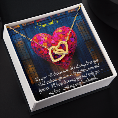 Interlocking Hearts Crystal Necklace, Custom Name Message Card, Gift for Girlfriend, Romantic Wife Gift with LED Mahogany Jewelry Box