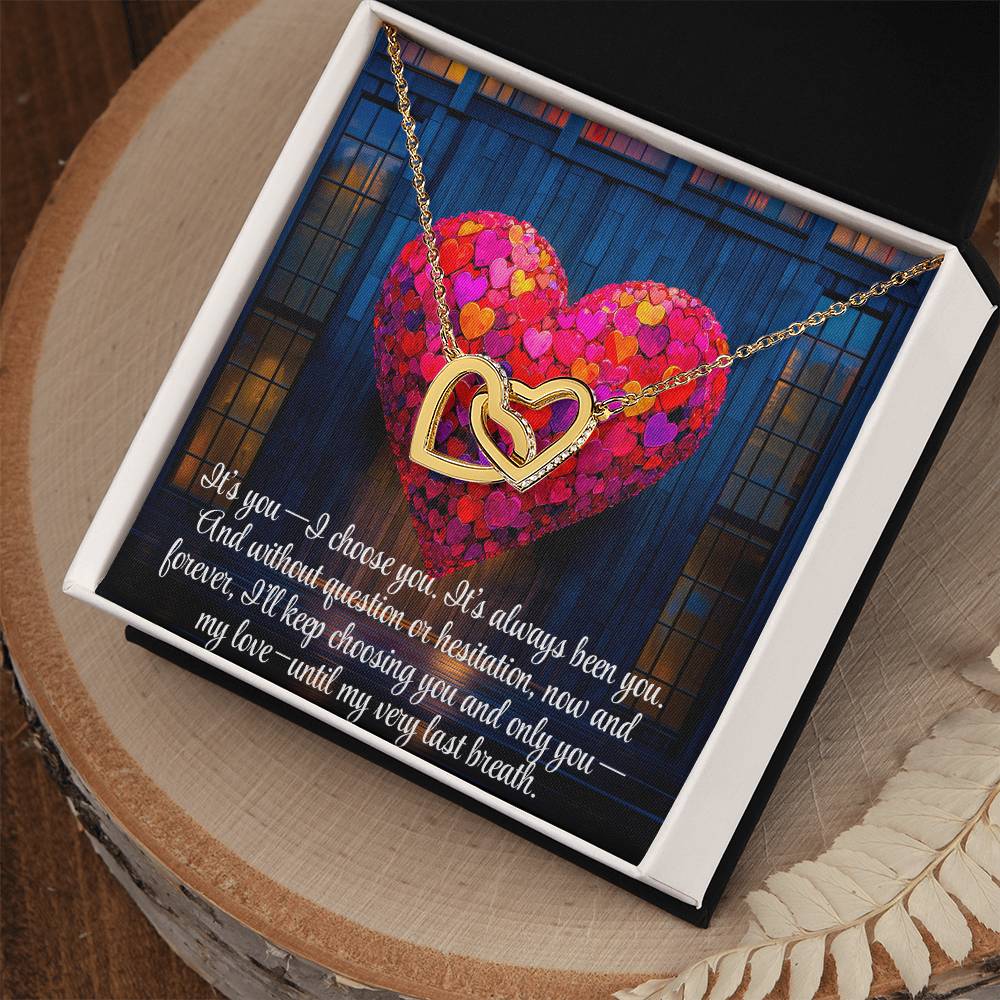 Interlocking Hearts Crystal Necklace, Custom Name Message Card, Gift for Girlfriend, Romantic Wife Gift with LED Mahogany Jewelry Box