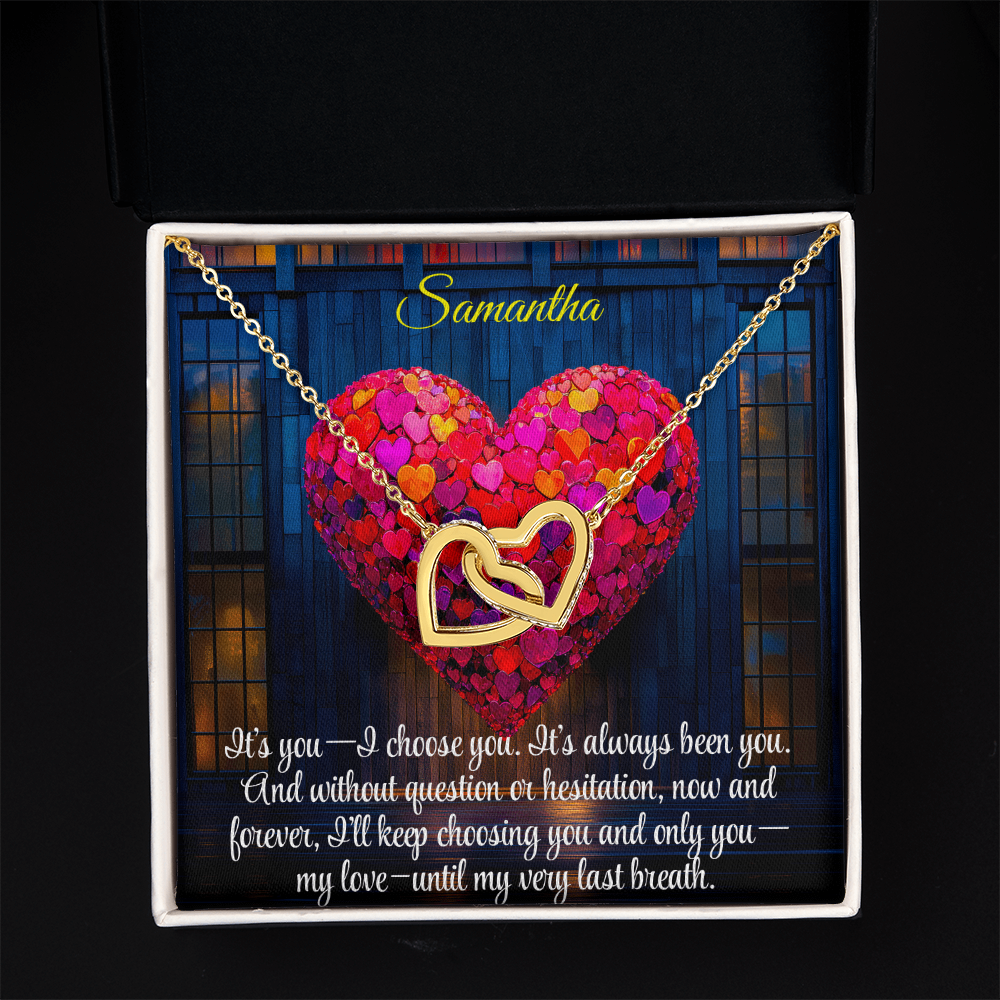 Interlocking Hearts Crystal Necklace, Custom Name Message Card, Gift for Girlfriend, Romantic Wife Gift with LED Mahogany Jewelry Box