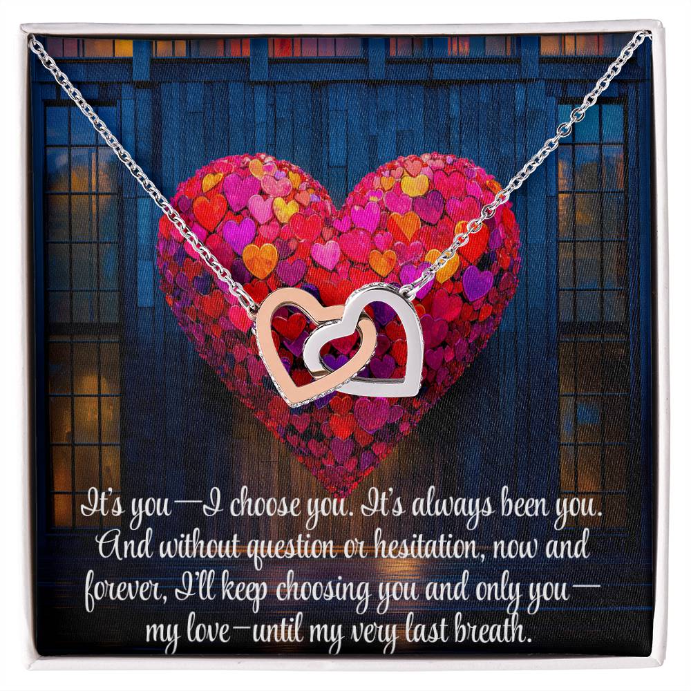 Interlocking Hearts Crystal Necklace, Custom Name Message Card, Gift for Girlfriend, Romantic Wife Gift with LED Mahogany Jewelry Box