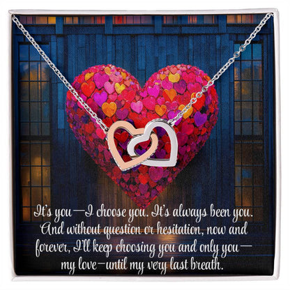Interlocking Hearts Crystal Necklace, Custom Name Message Card, Gift for Girlfriend, Romantic Wife Gift with LED Mahogany Jewelry Box