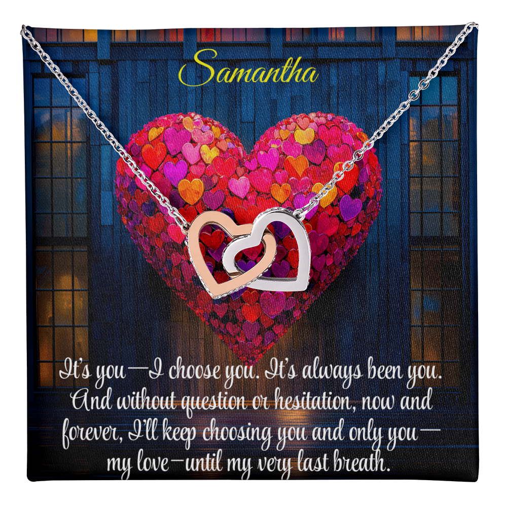 Interlocking Hearts Crystal Necklace, Custom Name Message Card, Gift for Girlfriend, Romantic Wife Gift with LED Mahogany Jewelry Box