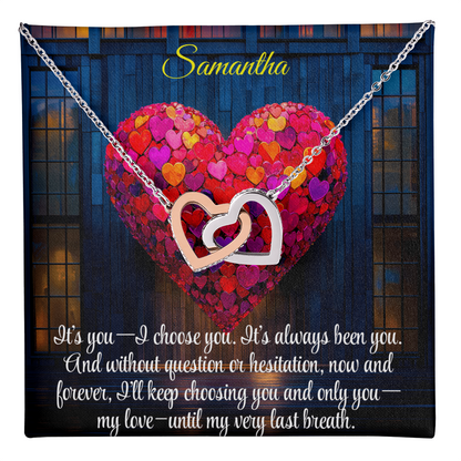 Interlocking Hearts Crystal Necklace, Custom Name Message Card, Gift for Girlfriend, Romantic Wife Gift with LED Mahogany Jewelry Box