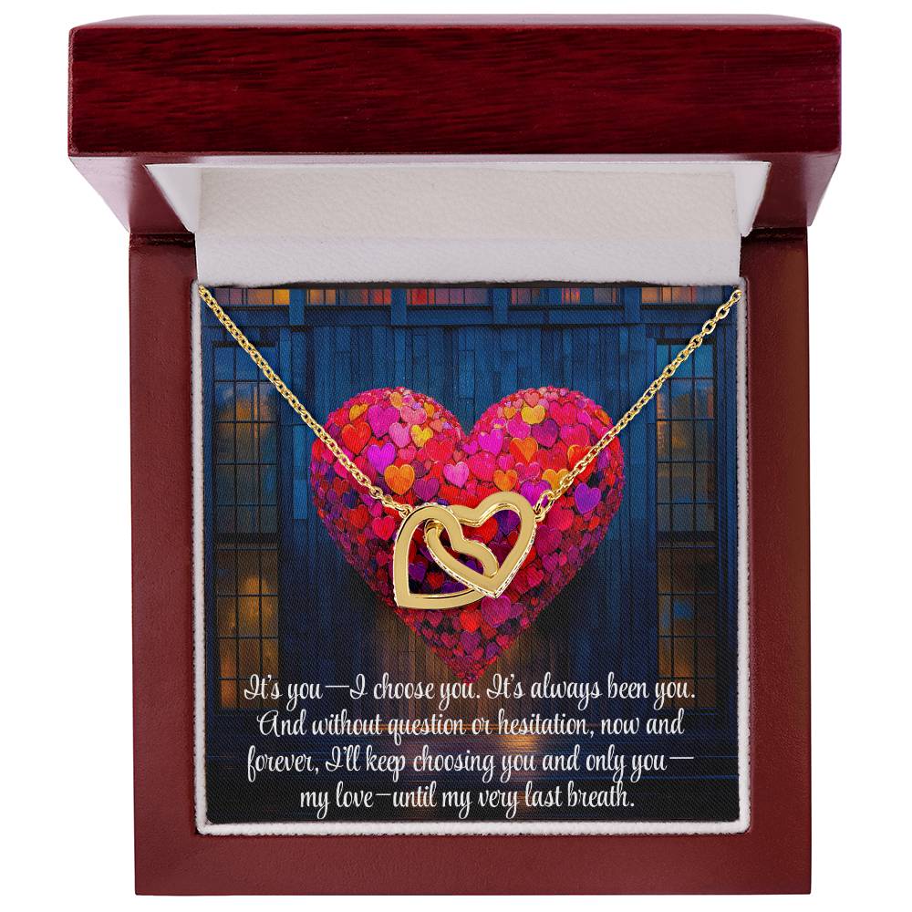 Interlocking Hearts Crystal Necklace, Custom Name Message Card, Gift for Girlfriend, Romantic Wife Gift with LED Mahogany Jewelry Box