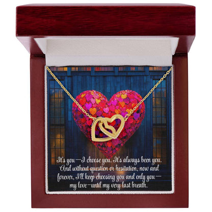 Interlocking Hearts Crystal Necklace, Custom Name Message Card, Gift for Girlfriend, Romantic Wife Gift with LED Mahogany Jewelry Box