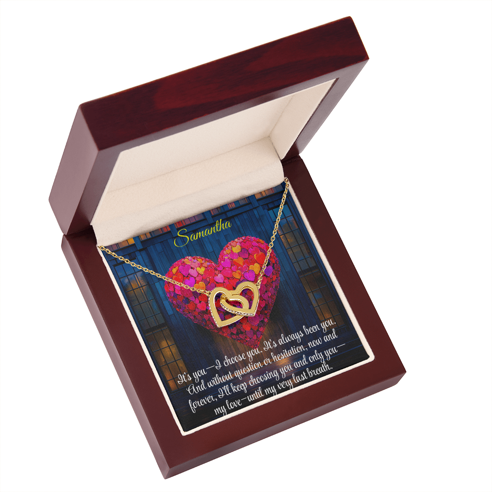 Interlocking Hearts Crystal Necklace, Custom Name Message Card, Gift for Girlfriend, Romantic Wife Gift with LED Mahogany Jewelry Box