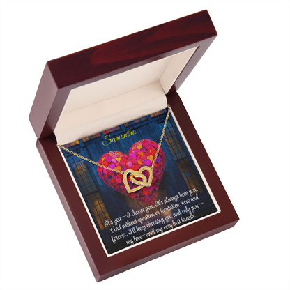 Interlocking Hearts Crystal Necklace, Custom Name Message Card, Gift for Girlfriend, Romantic Wife Gift with LED Mahogany Jewelry Box