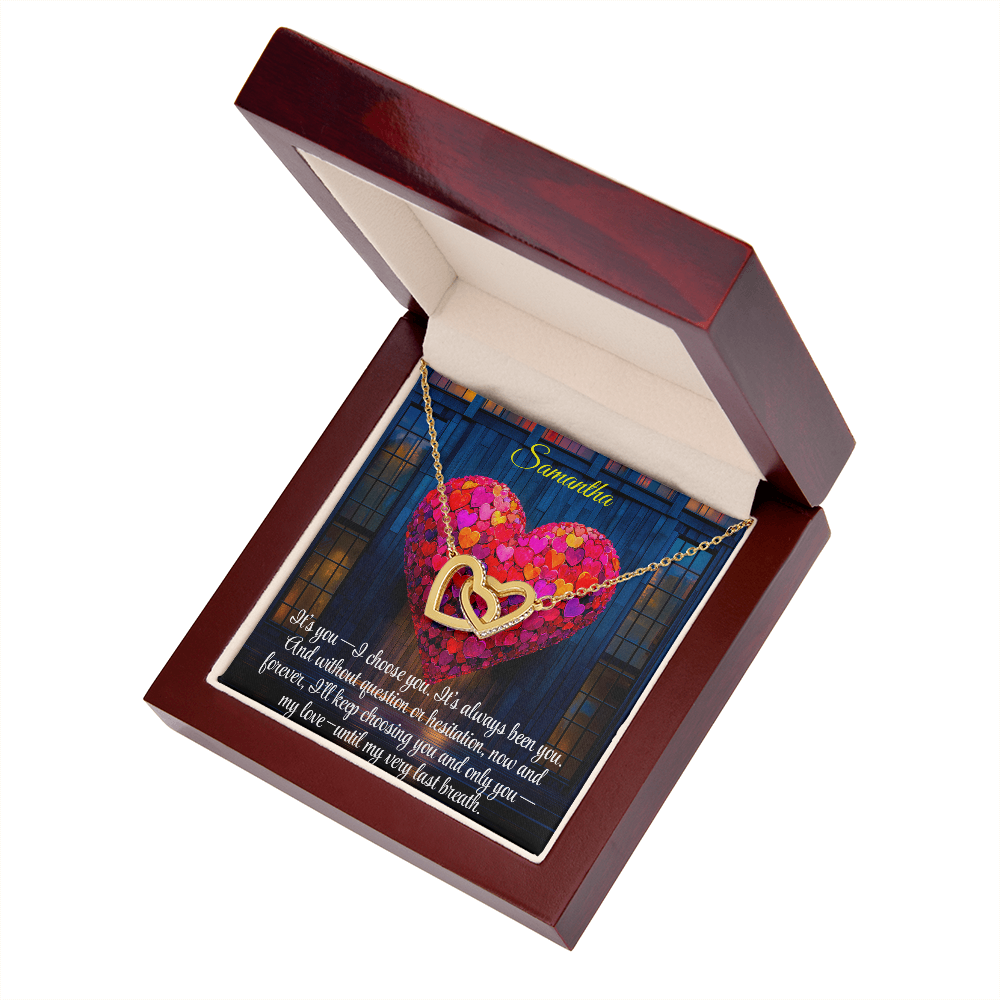 Interlocking Hearts Crystal Necklace, Custom Name Message Card, Gift for Girlfriend, Romantic Wife Gift with LED Mahogany Jewelry Box