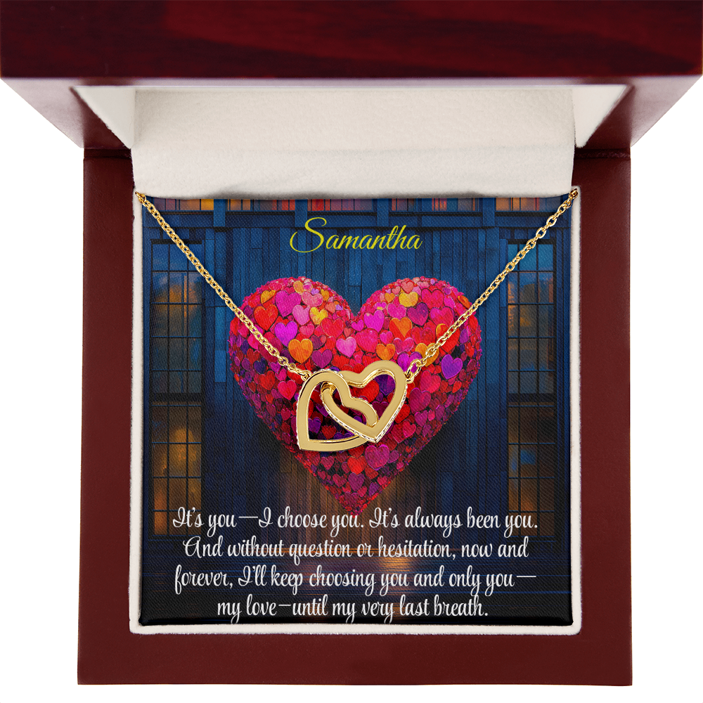 Interlocking Hearts Crystal Necklace, Custom Name Message Card, Gift for Girlfriend, Romantic Wife Gift with LED Mahogany Jewelry Box