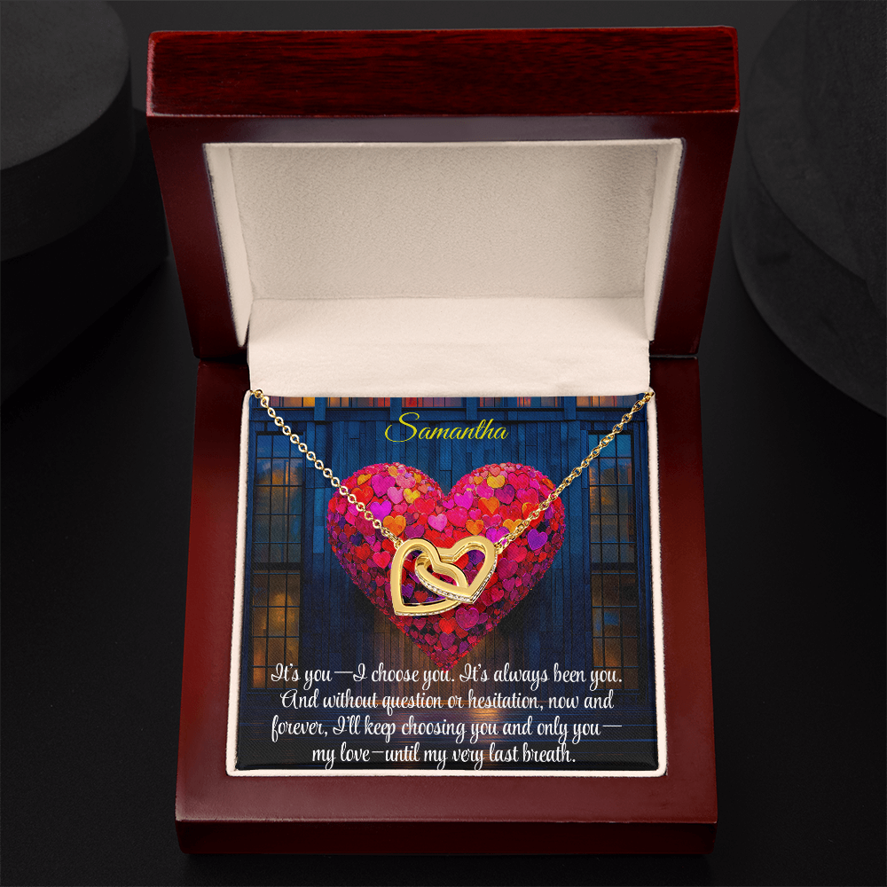 Interlocking Hearts Crystal Necklace, Custom Name Message Card, Gift for Girlfriend, Romantic Wife Gift with LED Mahogany Jewelry Box